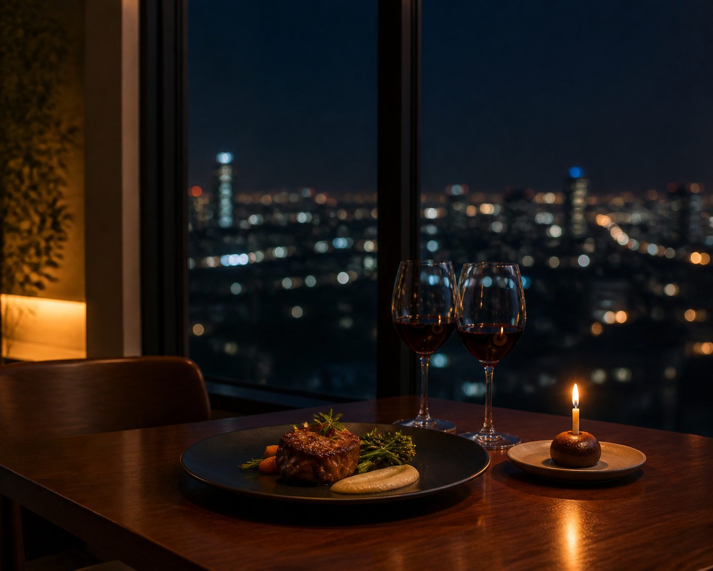 コース料理と乾杯のグラスが並ぶ、お祝いの席のテーブル